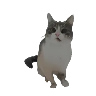 3D рендер любопытного полосатого кота с серой и белой шерстью, наклоненной головой и приоткрытым ртом, смотрящего вверх.