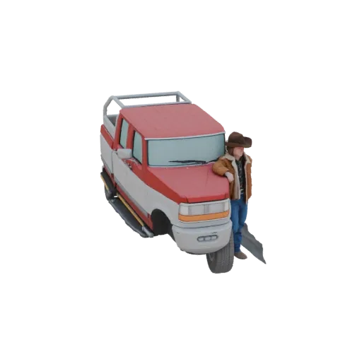 3D модель ковбоя в шляпе и куртке, опирающегося на переднее крыло красно-белого пикапа.