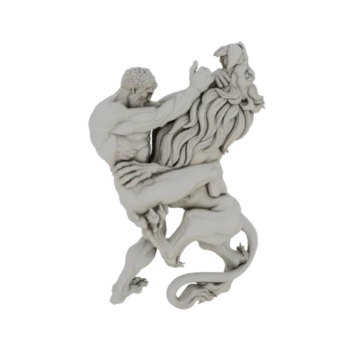 3D-модель мускулистого мужчины, идентифицированного как Геракл, борющегося с большим львом, запечатлевшая момент напряженной