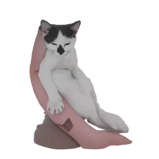 3D модель черного и белого кота, крепко спящего, убаюканного стилизованной скульптурой розовой руки.