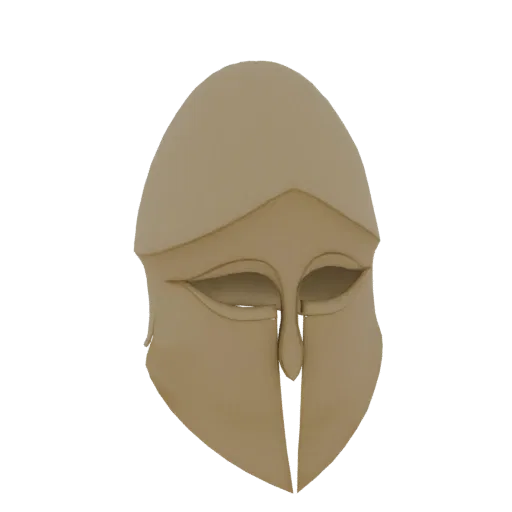 3D модель бежевого древнегреческого коринфского шлема с характерными прорезями для глаз и наносником, представленная на белом