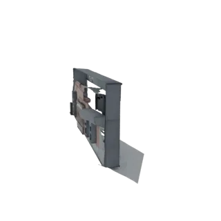 3D модель современного фасада здания с большими окнами и геометрическими деталями, вид под небольшим углом.