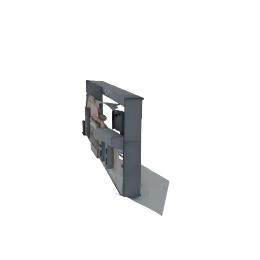 3D модель современного фасада здания с большими окнами и геометрическими деталями, вид под небольшим углом.