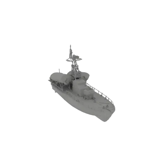 3D модель современного эсминца УРО, вид под слегка приподнятым углом, демонстрирующий детализированный корпус и вооружение на