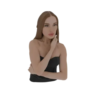 3D модель элегантной женщины с длинными каштановыми волосами в черном платье без бретелек, позирующая с рукой у лица.