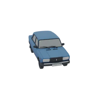 3D рендер классического синего седана Lada, вид спереди справа под небольшим углом, на белом фоне.