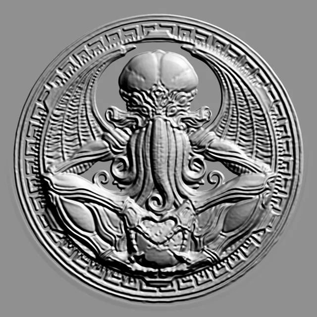 3D модель барельефа Ктулху с мифическими крыльями и древним орнаментом