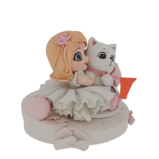 3D модель милой девочки с белыми волосами шепчет белому коту, одета в белое платье и розовый бант, на декоративной подставке.
