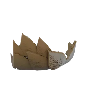3D-модель фрагментированной керамической раковины с детализированной органической резьбой на белом фоне.