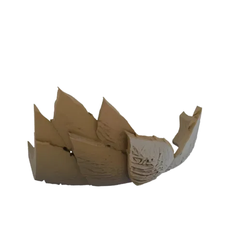 3D-модель фрагментированной керамической раковины с детализированной органической резьбой на белом фоне.