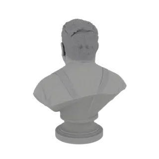 Вид сзади 3D модели классического мужского бюста с детализированной прической и подтяжками, установленного на постаменте.