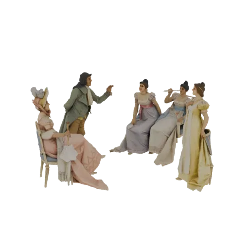 3D модель сцены салона эпохи Регентства с мужчиной и тремя женщинами в одежде того времени на черном фоне.