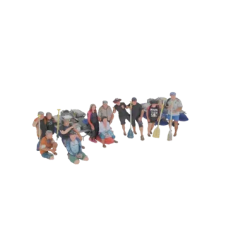 3D модель группы разнообразных искателей приключений, стоящих и сидящих вокруг плотов с веслами, готовых к экспедиции.