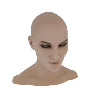 Рендер 3D модели лысой женщины со шрамом на лбу, смотрящей вперед выразительными глазами.