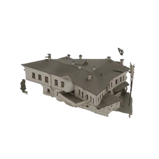3D модель детализированного исторического здания с крутой многоскатной крышей, классическими окнами и орнаментальным фасадом.