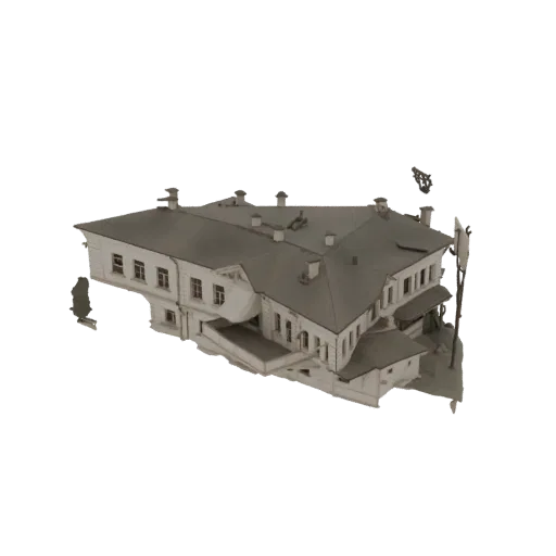 3D модель детализированного исторического здания с крутой многоскатной крышей, классическими окнами и орнаментальным фасадом.
