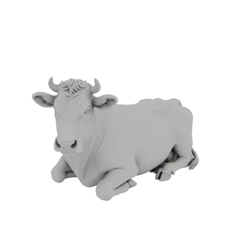 3D модель белой коровы, лежащей на боку, с головой, слегка повернутой влево, на черном фоне.