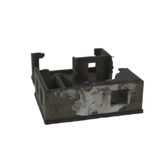 3D модель разрушенного дома с обрушивающимися стенами и открытым интерьером, вид под небольшим углом сверху.