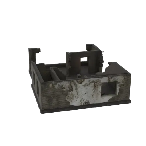 3D модель разрушенного дома с обрушивающимися стенами и открытым интерьером, вид под небольшим углом сверху.