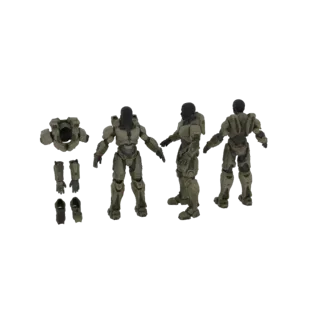 3D модель набора брони Halo Spartan с отдельными частями и тремя полными фигурами спартанцев на белом фоне.