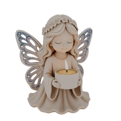 3D модель безмятежной фигурки ангела с закрытыми глазами, держащего горящую свечу-подсвечник, с изящными крыльями и цветочным
