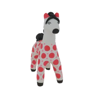 3D модель белой игрушечной лошадки с красными и розовыми горошинами, черной гривой и копытами, представленная на белом фоне.