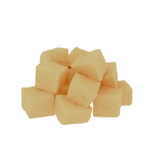 Куча реалистичных 3D моделей кубиков сыра на белом фоне.
