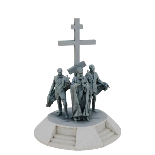 3D модель памятника православному духовенству с тремя фигурами и большим крестом на каменном основании, на черном фоне.