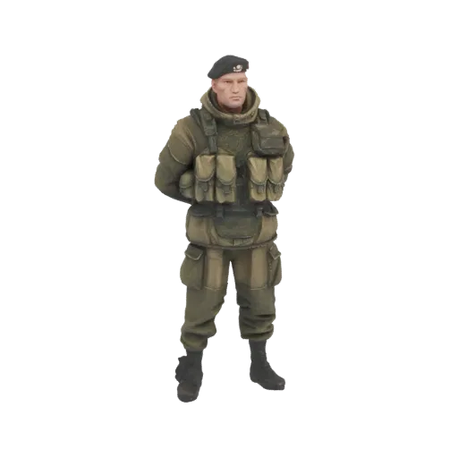 3D модель современного солдата в тактическом жилете и берете, стоящего руки за спиной.