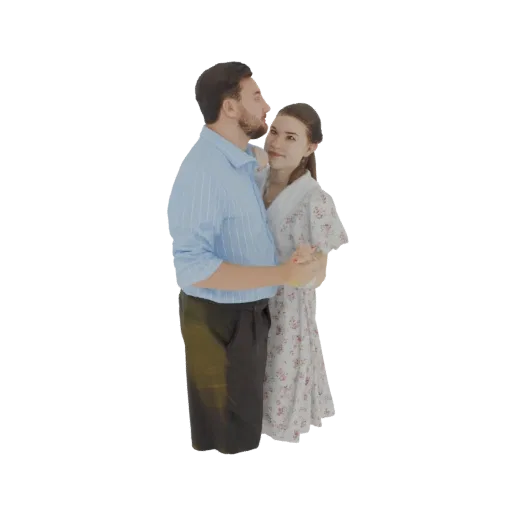3D модель мужчины и женщины, танцующих вместе, одетых в винтажную одежду, мужчина в синей рубашке в полоску, женщина в платье