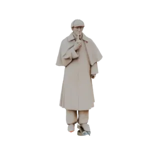 3D модель статуи Шерлока Холмса в шляпе-охотника с трубкой, рендер в нейтральном каменном материале.