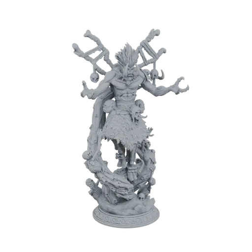 3D модель племенного шамана с костяным головным убором и украшениями из черепов, стоящего на богато украшенном основании.