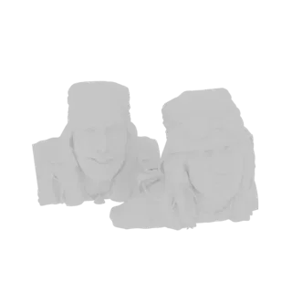 3D model of two young people busts wearing headwear, one with a cap and pendant, the other with goggles and a scarf.