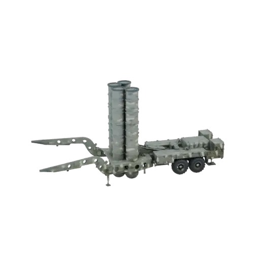 3D модель серой пусковой установки С-400 с блоками ракет на колесном шасси, вид сбоку.