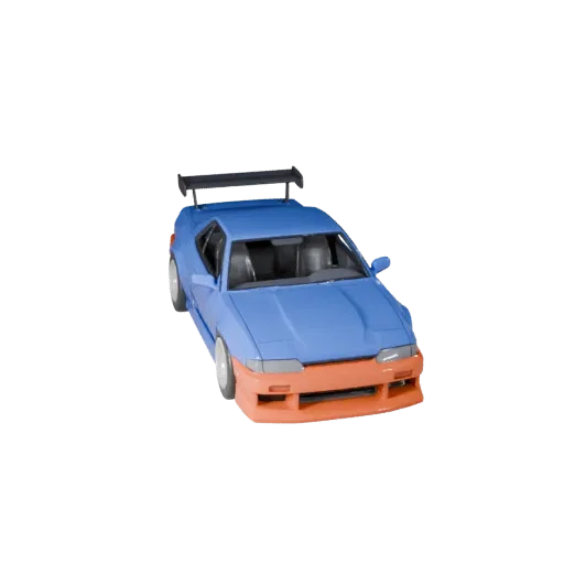 3D-модель мультяшного дрифт-кара, вид в студии в три четверти, стилизованный ресурс автомобиля с линиями кузова, остеклением,