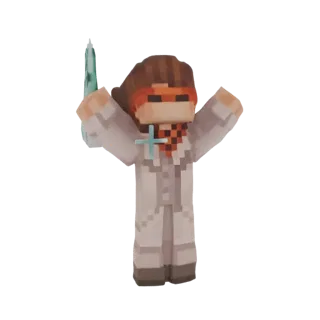 3D-модель персонажа-доктора в стиле Minecraft в белом халате, оранжевых очках, держащая синий шприц и поднявшая руки.