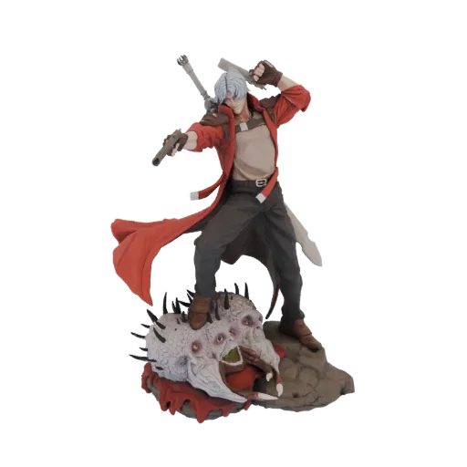 3D модель Данте из Devil May Cry в боевой позе, с двумя пистолетами и мечом, стоящий на демоне.