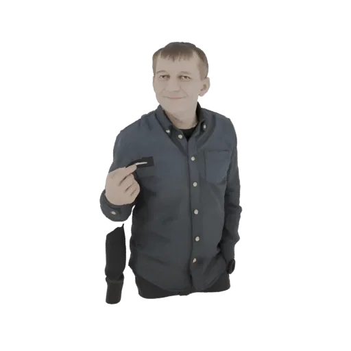 3D модель мужчины с короткими каштановыми волосами в синей рубашке, улыбающегося и держащего черный бейдж.