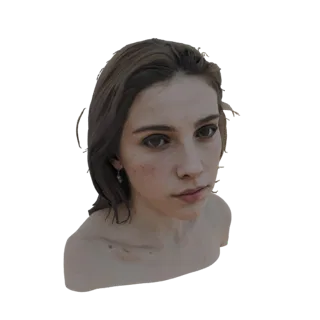 3D model of a young woman with brown hair, dark eyes, and freckles, looking towards the viewer.