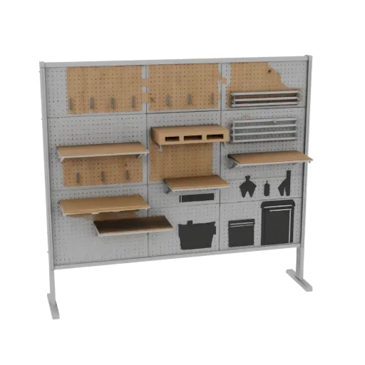 Печатаемая 3D-модель стеллажа для гаража из перфорированной панели, изометрический STL-рендер, показывающий стальные рамы, ус