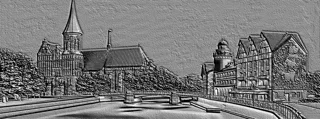 3D модель барельефа старинного европейского города с собором, мостом и зданиями
