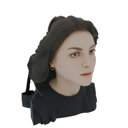 3D модель молодой женщины с длинными, темными, развевающимися волосами, в темной футболке и с рюкзаком, смотрящей в сторону.