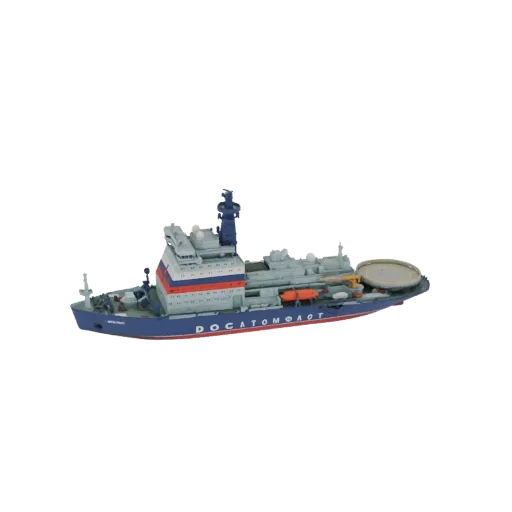 3D модель сине-белого атомного ледокола класса Арктика с цветами российского флага на надстройке на черном фоне.