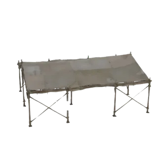 3D-модель бежевой каркасной палатки с металлическим каркасом и брезентовым тентом, вид с немного приподнятого бокового ракурс