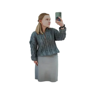 3D модель молодой женщины в сером свитере крупной вязки и юбке, держащей смартфон для селфи.