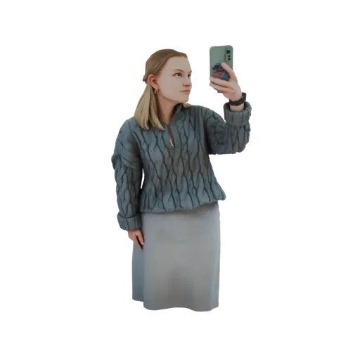 3D модель молодой женщины в сером свитере крупной вязки и юбке, держащей смартфон для селфи.