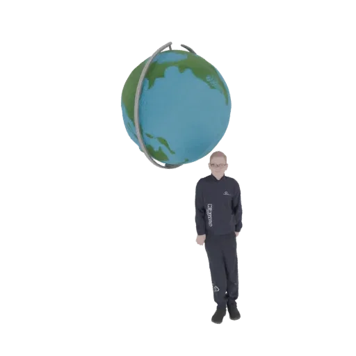 3D модель мужчины в темном спортивном костюме рядом с сине-зеленым глобусом на белом фоне.