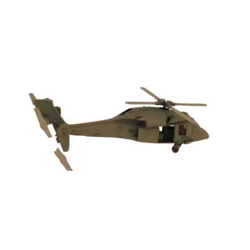 3D модель военного ударного вертолета, вид сбоку, с видимыми роторами.