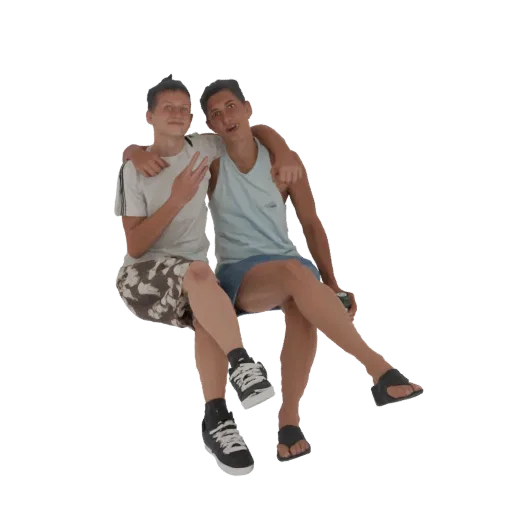 3D модель двух молодых друзей, сидящих близко друг к другу, обнявшись, в повседневной летней одежде.