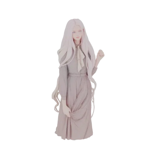 Рендер 3D модели элегантной женщины с длинными, развевающимися светлыми волосами и скромным платьем, держащей подол юбки.